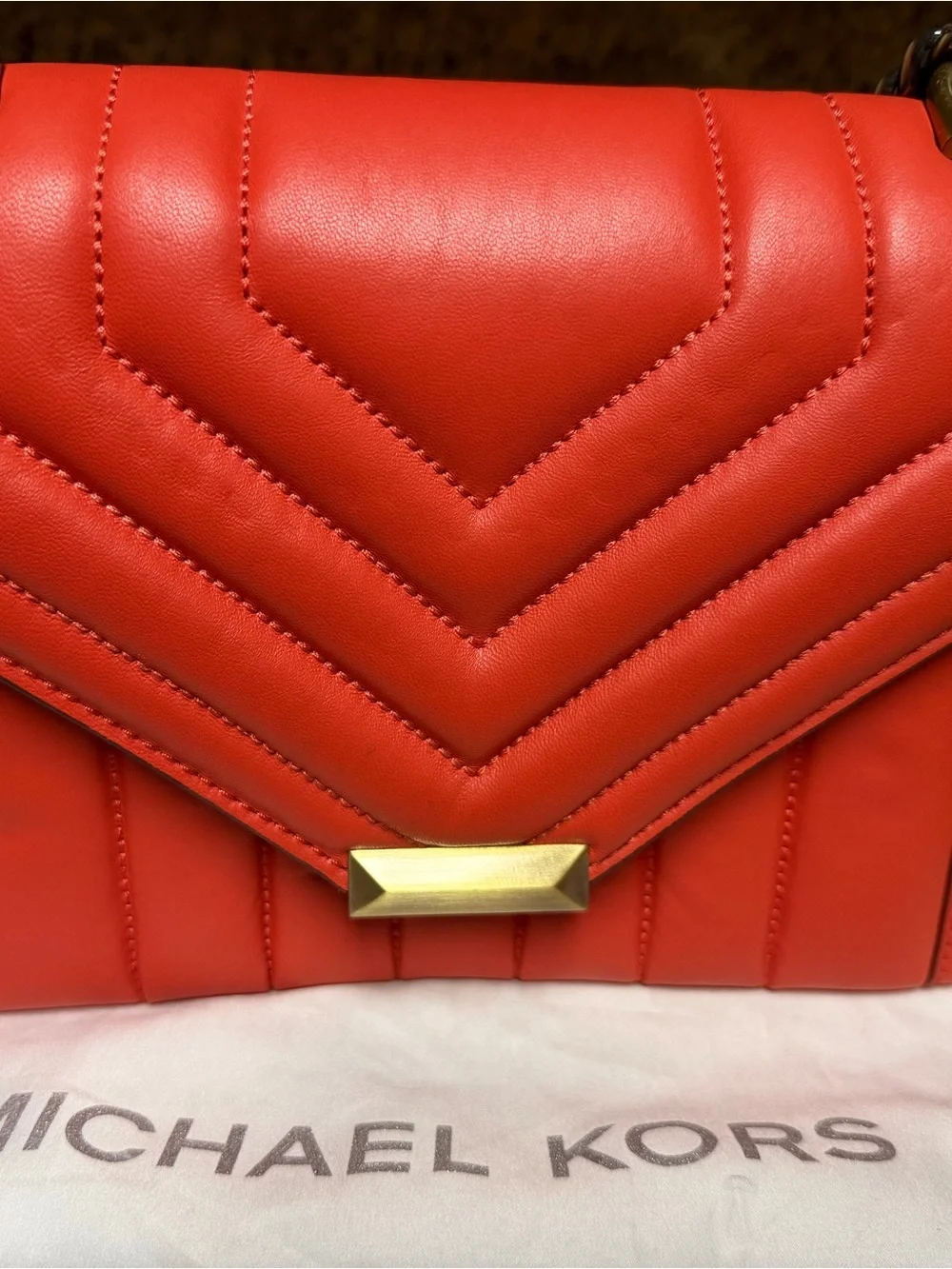 Michael Kors Coral-Red Quilted Leather Crossbody with Gold Accent